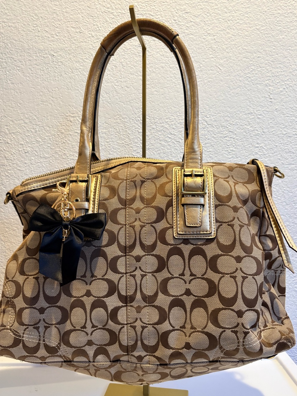 Coach Tan Signature Canvas Satchel with Gold Accents